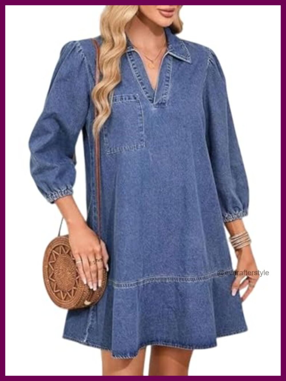 Women Denim Mini Dress 3/4 Puff Sleeve V Neck Ruffle Babydoll Tunic